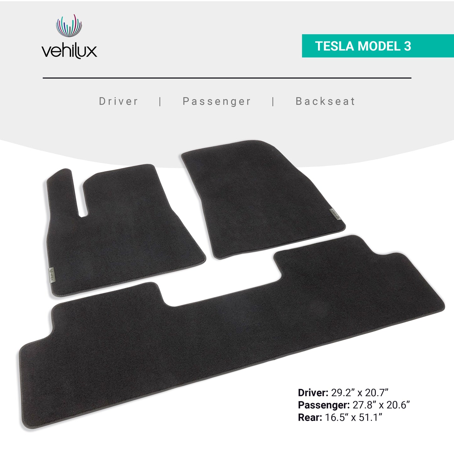 Vehilux Carpeted Mat(s) for Tesla Model 3 Floormats, 2020-2023